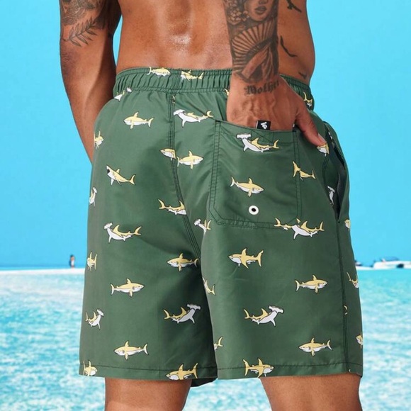 Swimmode Men Shark Print Letter Patched Detail Drawstring Waist Swim Trunks - Picture 4 of 4
